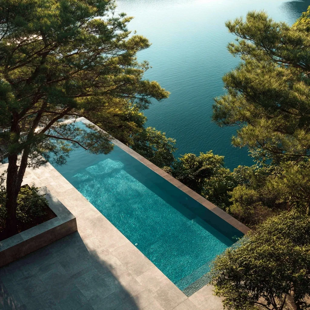 A luxury minimalist infinity pool overlooking a serene nature landscape with modern architectural design.