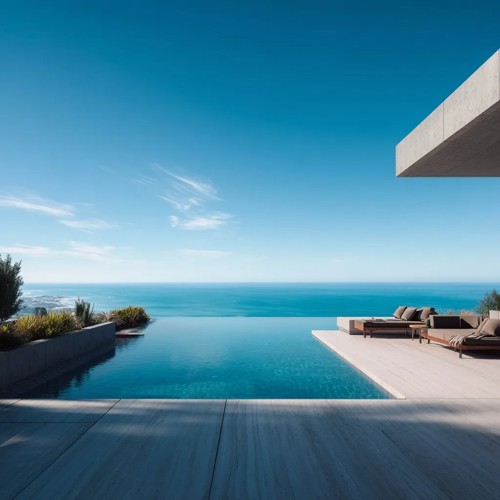 A luxury infinity pool overlooking the blue ocean from a high-end modern home backyard.
