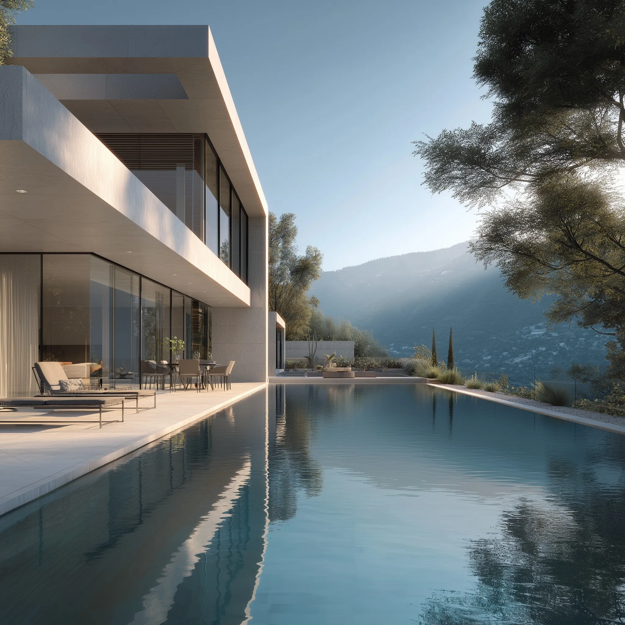 Modern luxury villa with infinity pool and floor-to-ceiling glass windows featuring minimal architectural design.