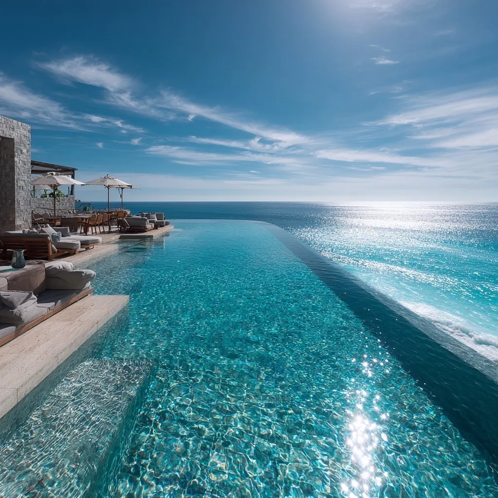 A breathtaking turquoise infinity pool with a vanishing edge overlooking the deep blue ocean.