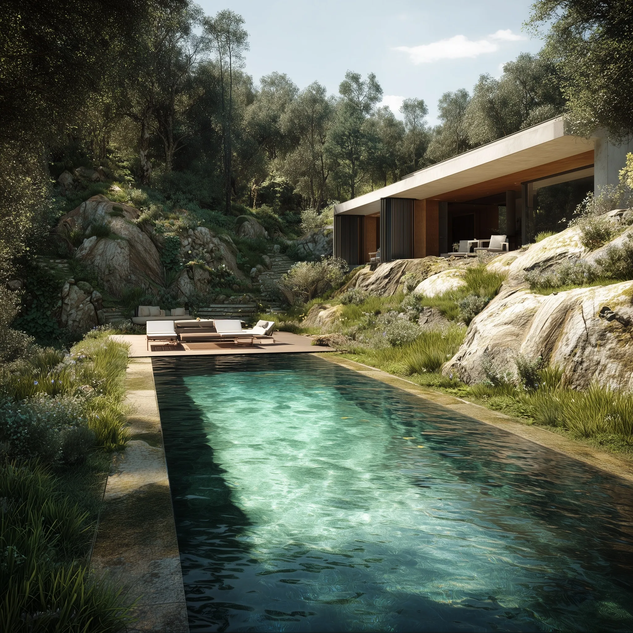A luxury infinity pool overlooking a scenic natural landscape, perfect for modern real estate architectural design.