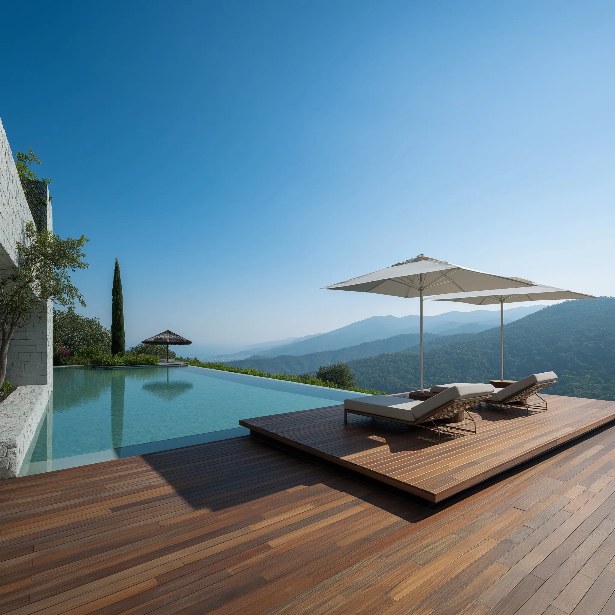 Luxury infinity pool with teak decking, modern sun loungers, and scenic hill views on a bright sunny day.