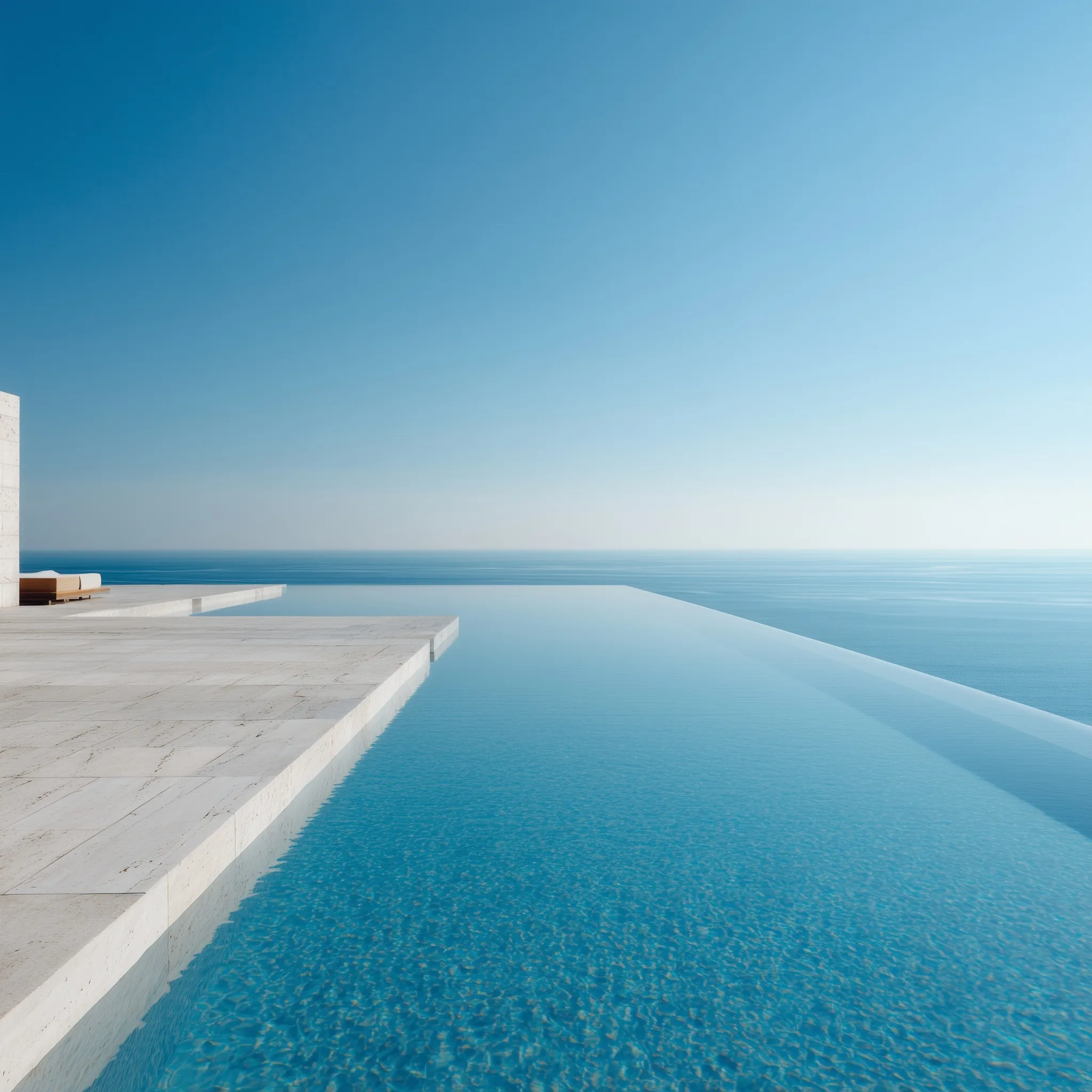 Luxury infinity pool edge overlooking calm water under a clear blue sky.