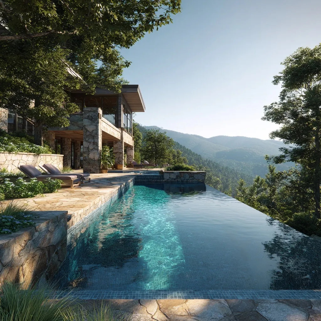 Luxury infinity spa pool on a cliff edge with a modern house in the background and panoramic views.