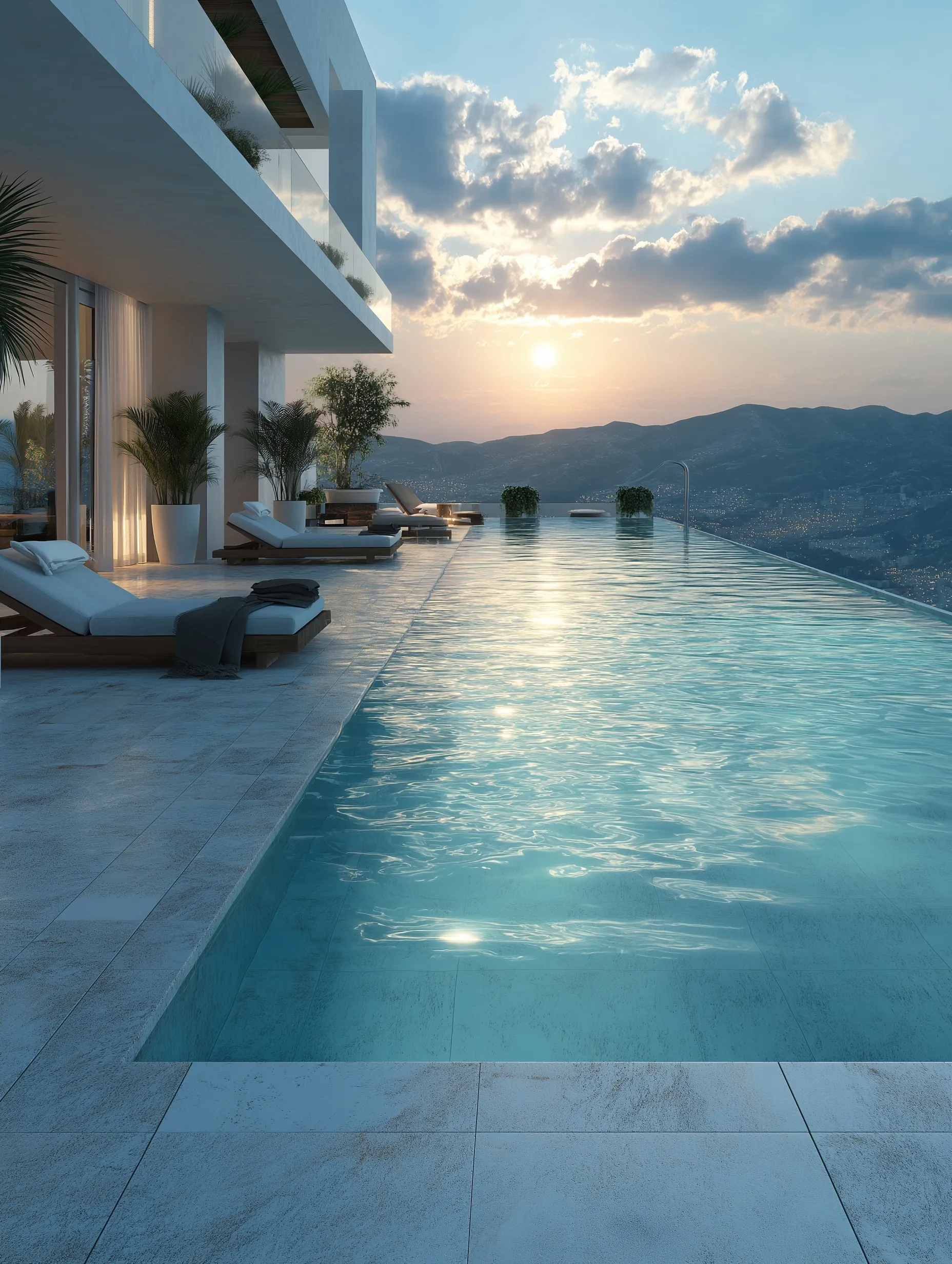 Luxury rooftop infinity pool on a modern terrace with travertine deck and sunset view over scenic hills.
