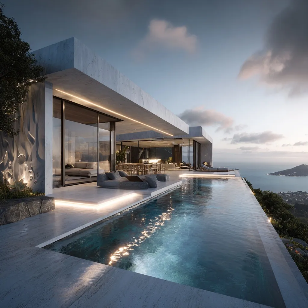 Luxury minimalist villa in New Zealand featuring a sleek infinity pool overlooking a panoramic coastal view.