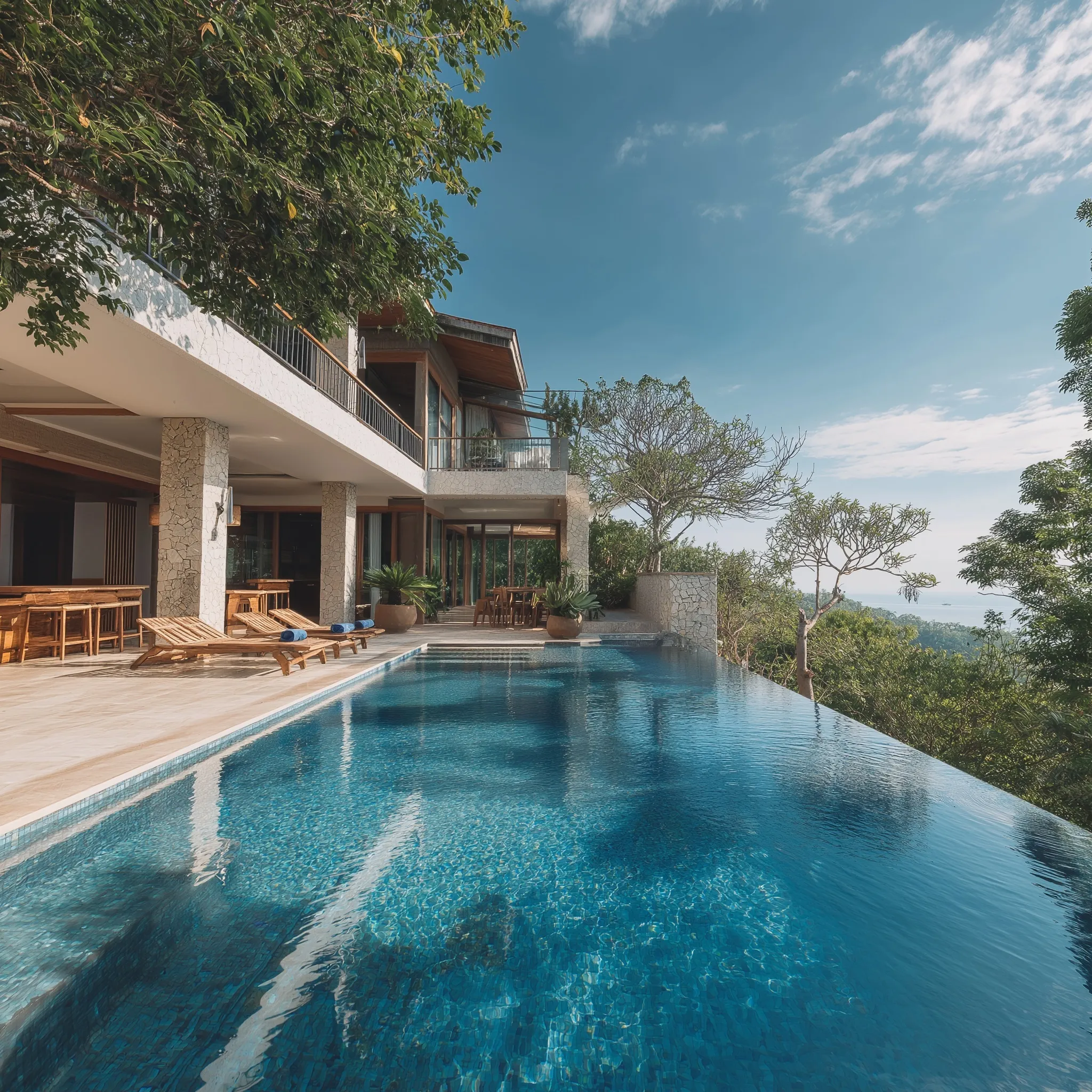 Six-unit luxury tropical villa featuring a scenic infinity pool overlooking a stunning ocean landscape.