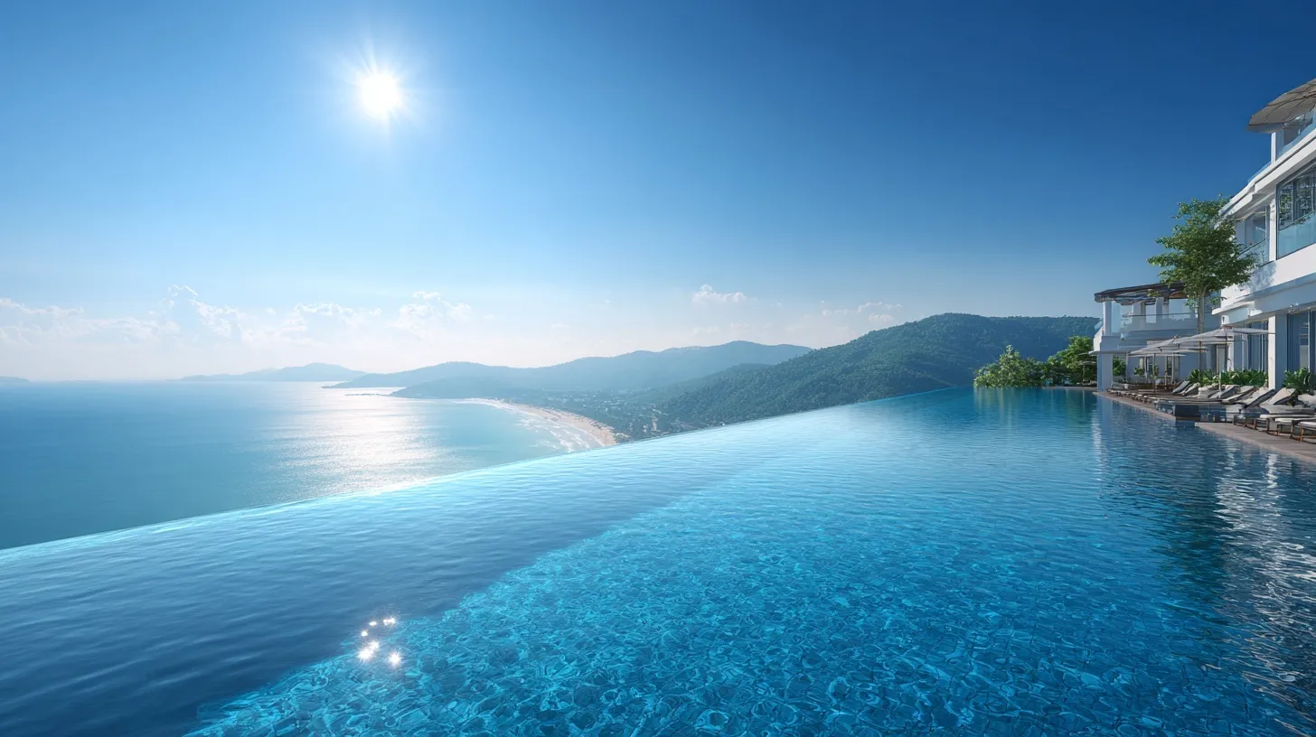 Luxury infinity pool overlooking the ocean with a modern hotel, bright morning sunlight, and clear blue sky.