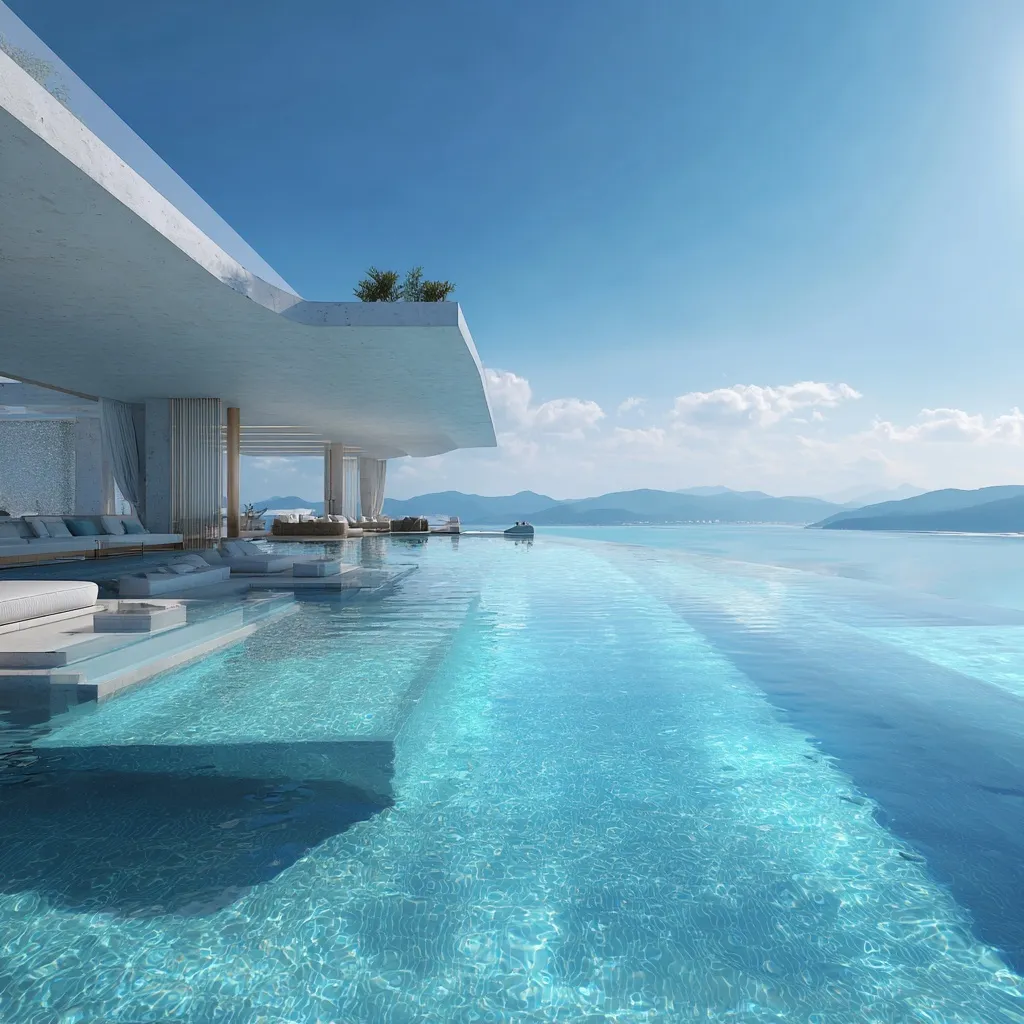 A stunning luxury infinity pool featuring ethereal architectural design and breathtaking panoramic views.