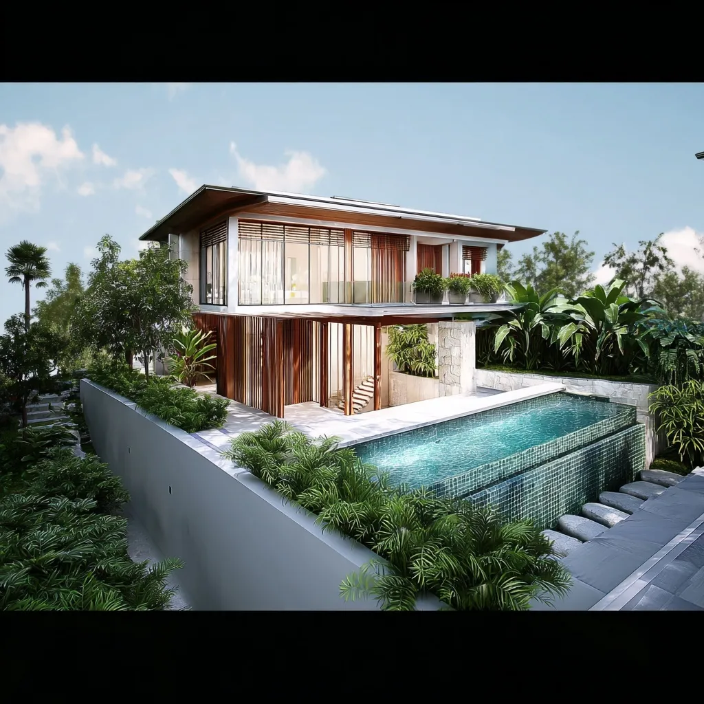 A luxury infinity pool with an 80cm edge design, creating a seamless realistic horizon view for modern architecture.
