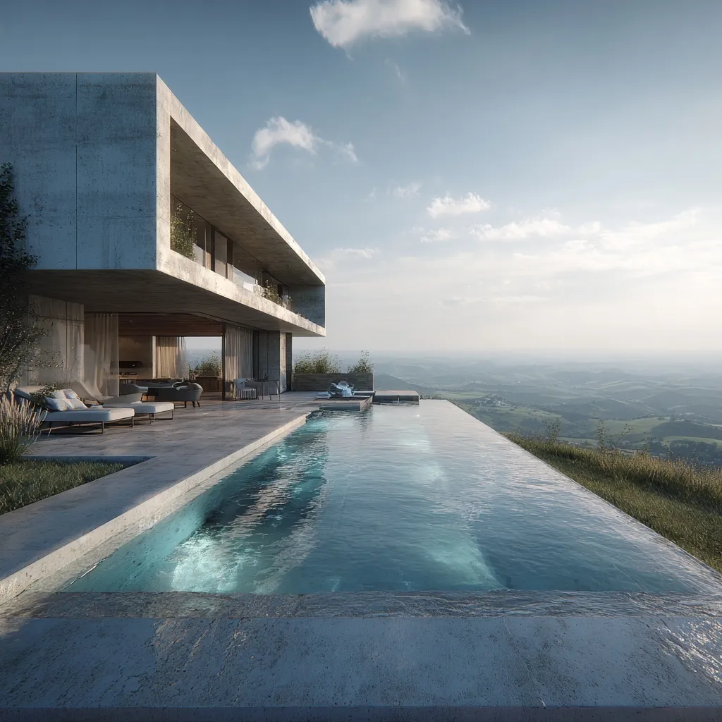 A modern concrete luxury infinity pool on a balcony overlooking a rural landscape with architectural design ideas.