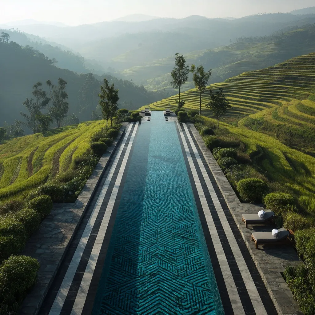 Luxury infinity pool with black and white striped decking overlooking lush tropical paddy fields.