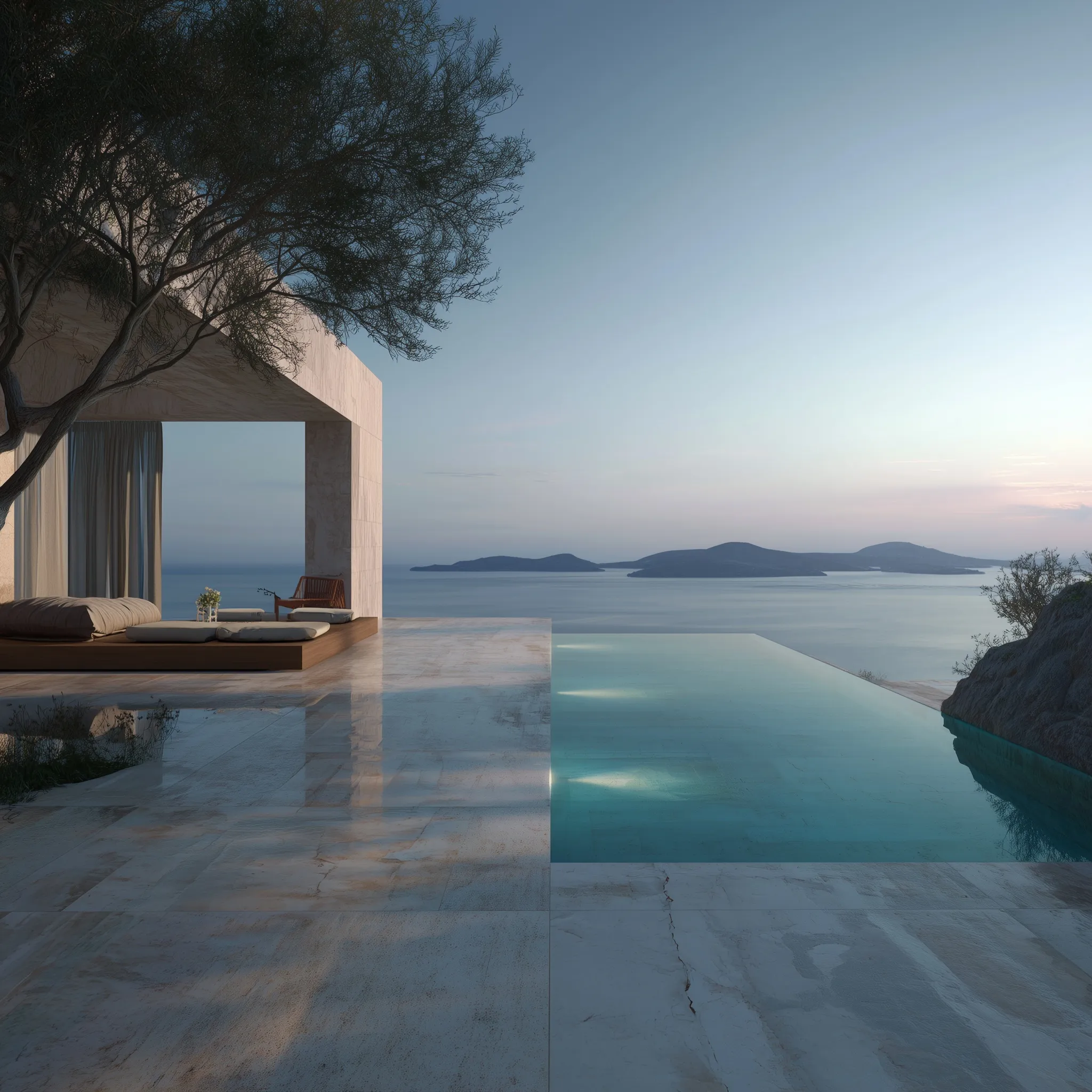 Modern luxury villa infinity pool overlooking the Ionian Sea and Greek islands at golden hour sunset.