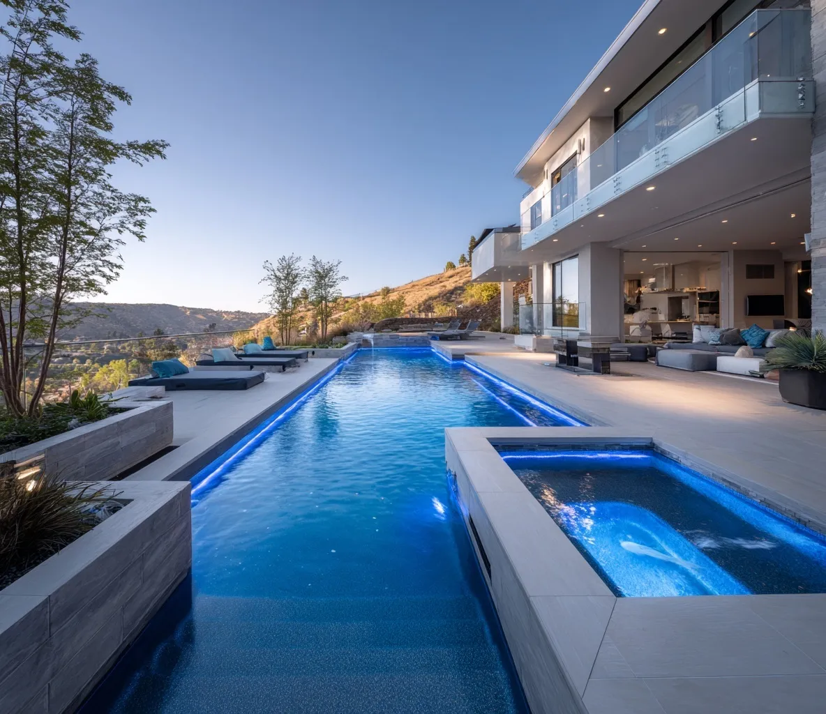 High-angle view of a luxury infinity pool with built-in jacuzzi and glowing blue led edges in a modern setting.