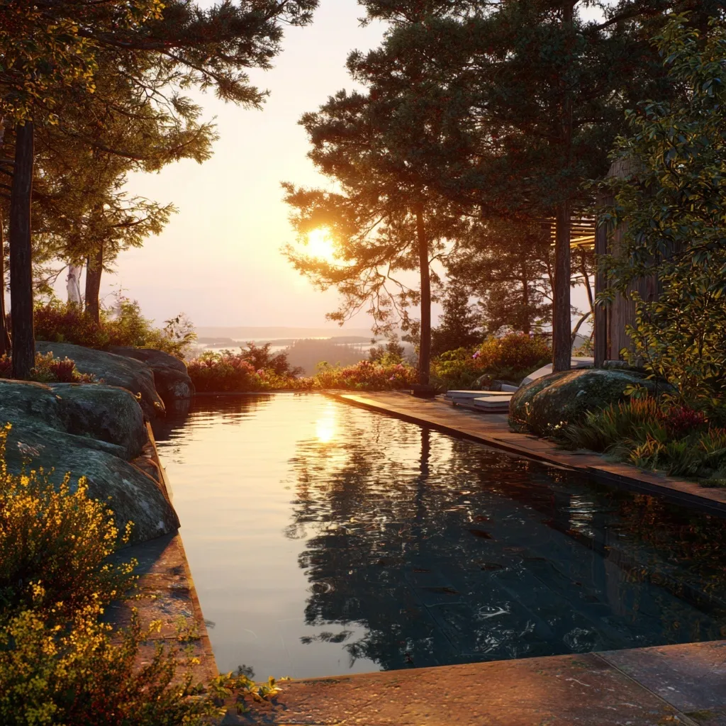 Luxury infinity pool overlooking a tropical forest at sunset, showcasing modern architectural design.