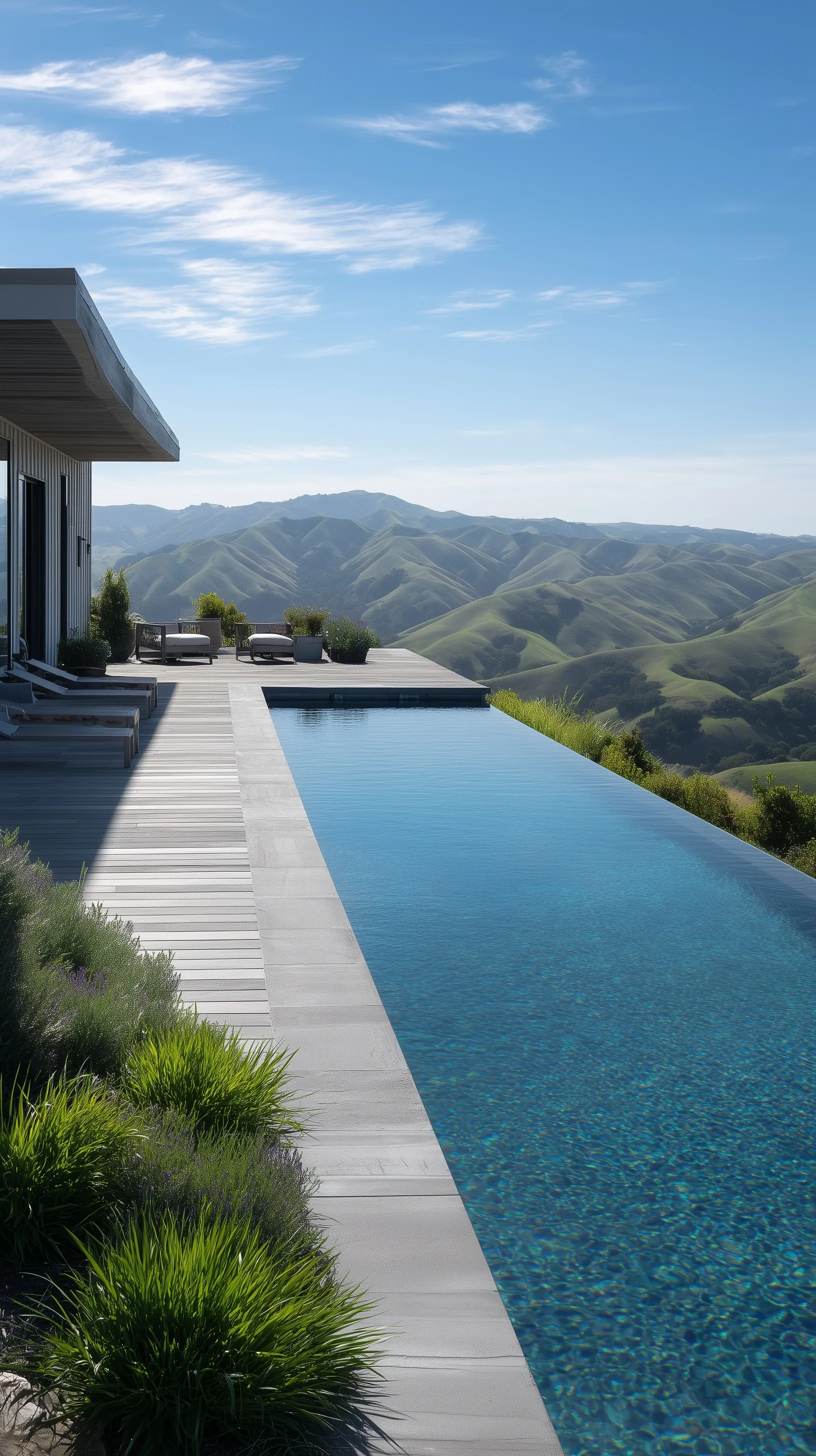 Luxury infinity pool with zero-edge design overlooking scenic rolling hills on a modern gray composite deck.