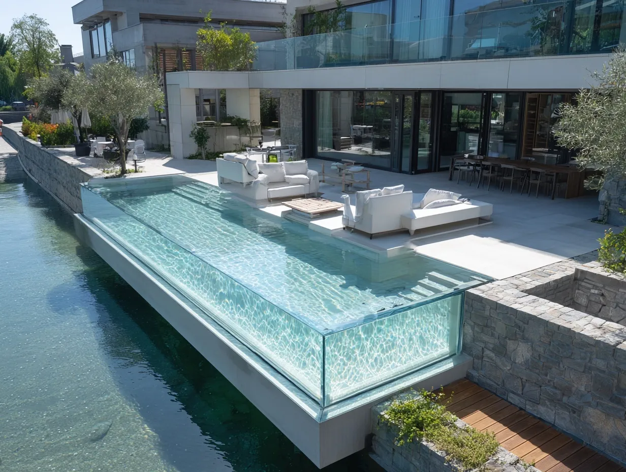 Architectural view of a luxury transparent infinity pool on a modern villa balcony with cinematic summer lighting.