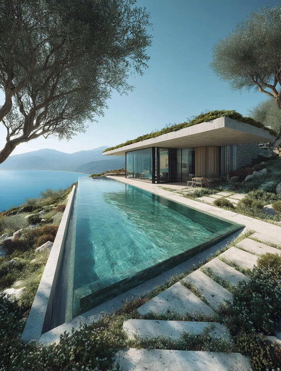 Modern minimalist villa with an infinity pool overlooking the blue sea in Kaş, Turkey, surrounded by olive trees.