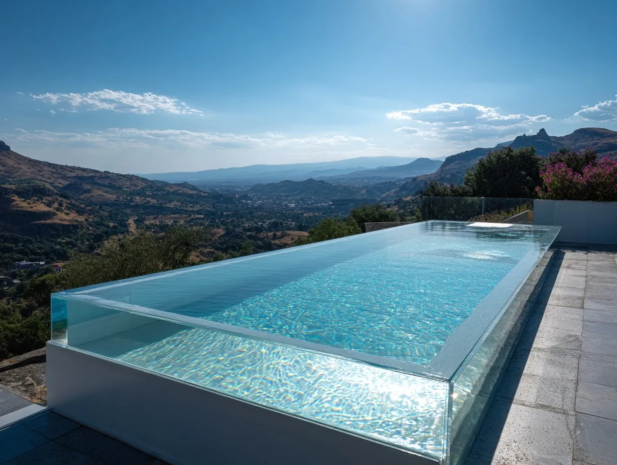 Cantilevered glass infinity pool on a luxury Sicilian villa balcony with panoramic hillside views in summer.