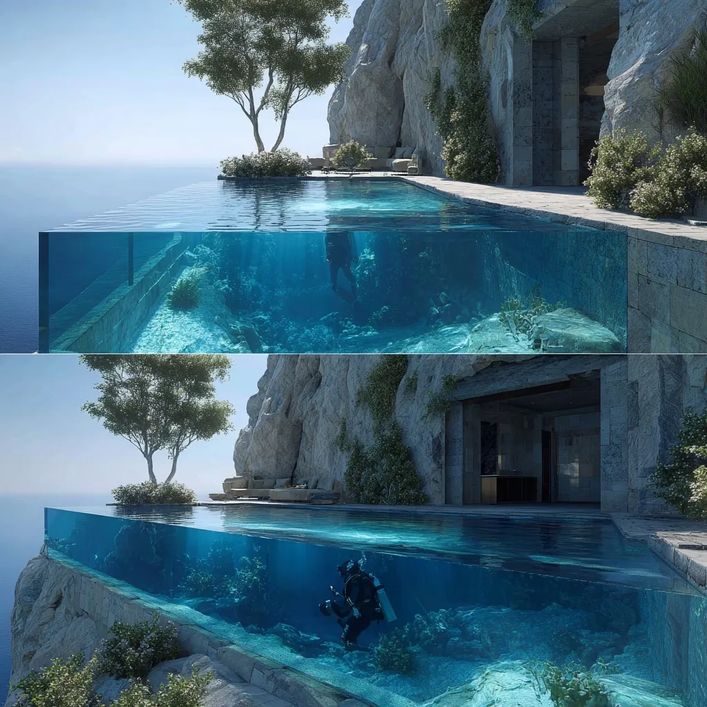 A scuba diver swimming inside a 4-meter elevated luxury infinity pool with modern architectural design.