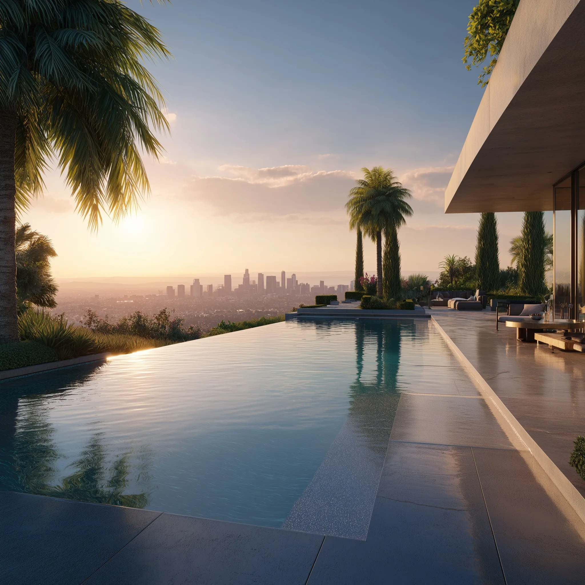 Luxury infinity pool at a modern Beverly Hills mansion during golden hour with a panoramic city skyline view.
