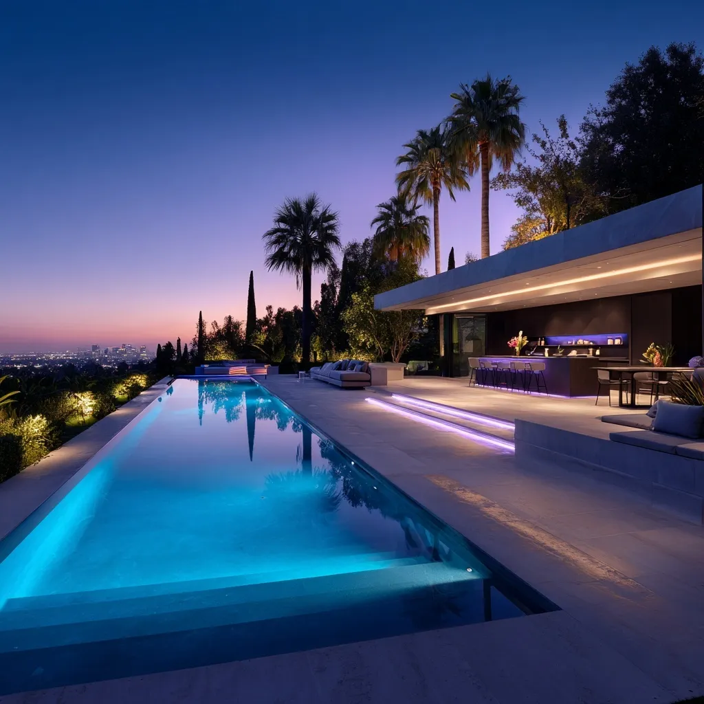 Modern luxury infinity pool in an LA garden with palm trees, LED lighting, and a stylish outdoor bar area.