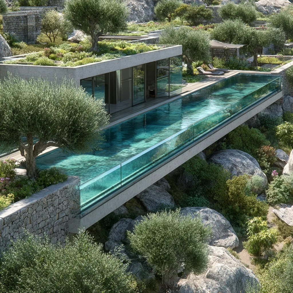 Photorealistic architectural rendering of a luxury infinity pool with glass walls overlooking Mediterranean gardens.