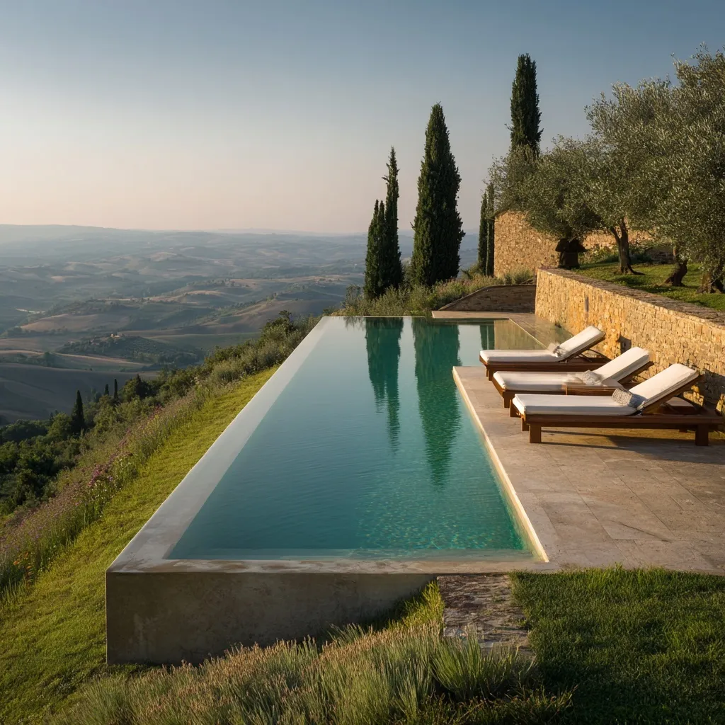Luxury minimalist infinity pool cantilevered over a steep Tuscan hillside with olive trees and panoramic valley views.