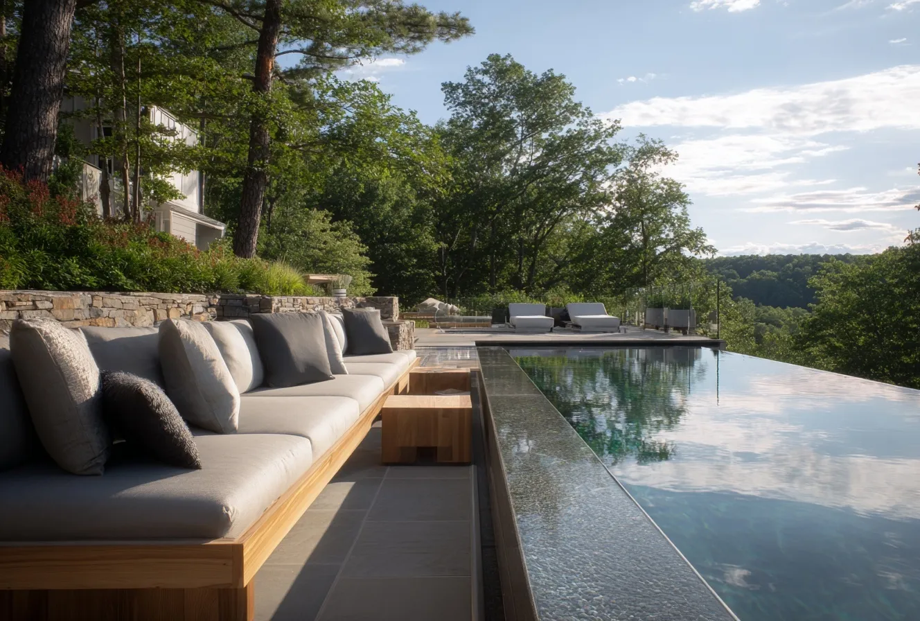 Modern outdoor lounge with plush sofas beside a serene luxury infinity pool surrounded by lush tropical greenery.