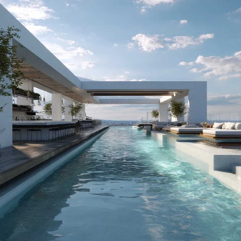 Modern rooftop luxury infinity pool with lounge area and bar inspired by Tadao Ando architectural style.