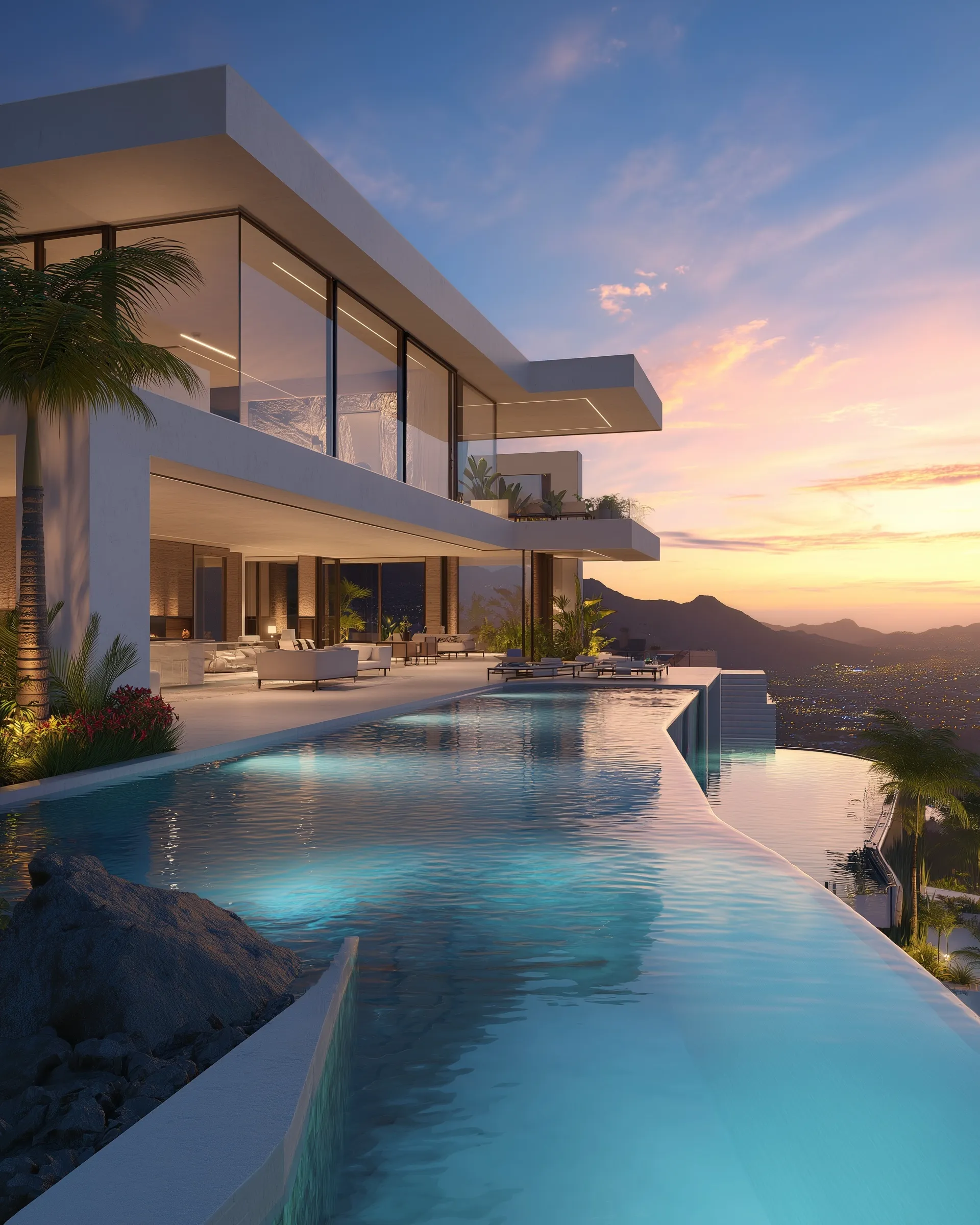 Modern luxury hillside mansion featuring an infinity pool overlooking a city at golden hour with ambient lighting.