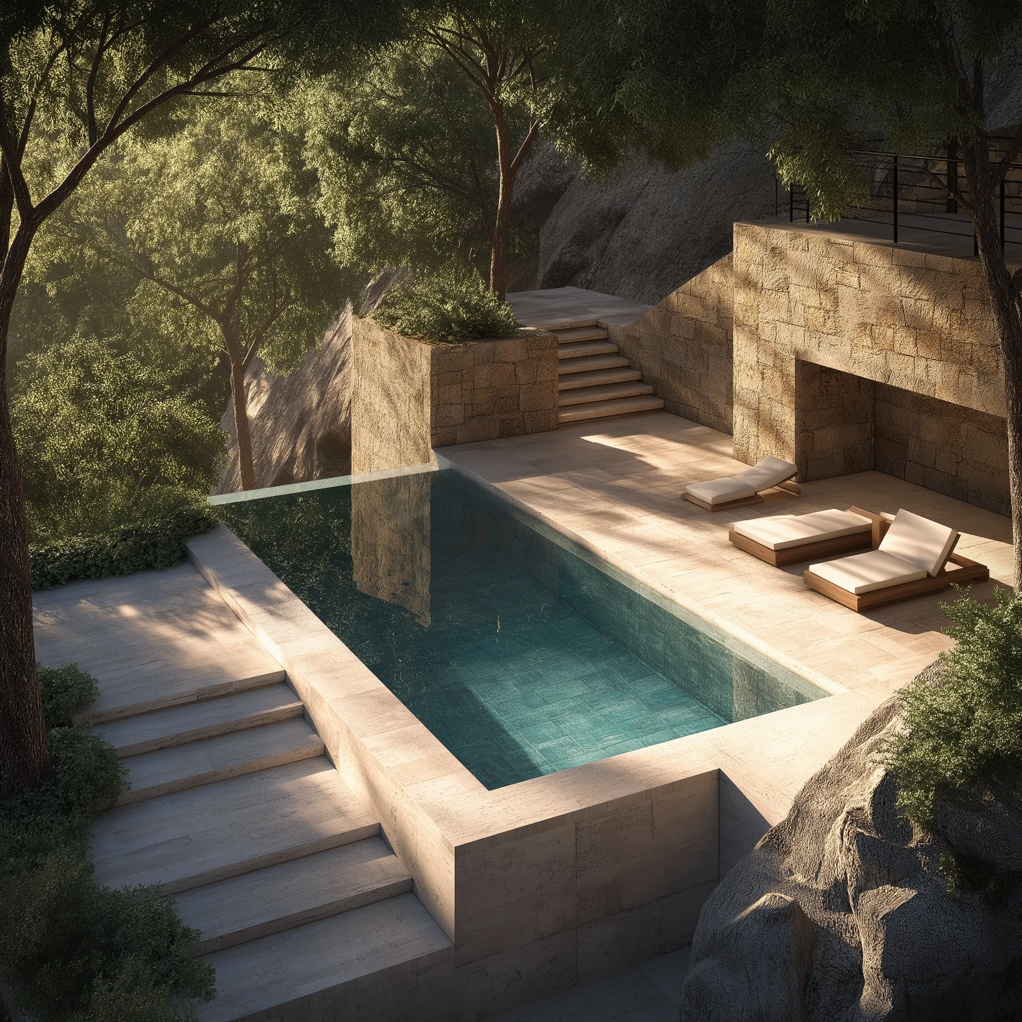 Luxury infinity pool on a steep hillside with limestone retaining walls, forest trees, and modern golden hour lighting.