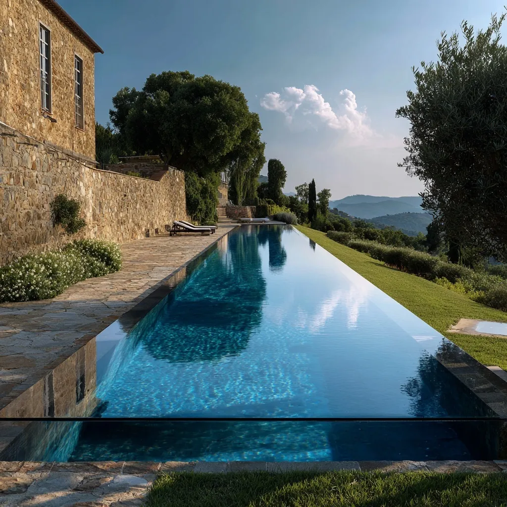 Luxury infinity pool with a panoramic glass wall overlooking the scenic rolling hills of the Tuscan countryside.