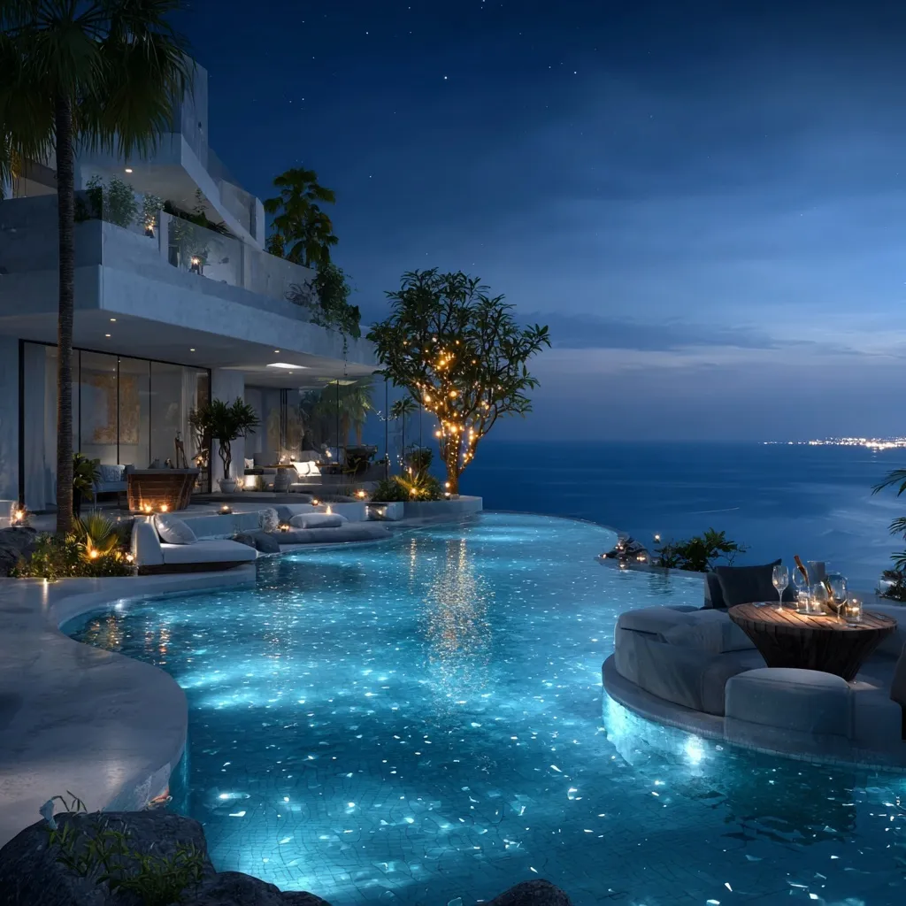 Luxury infinity pool at a modern coastal villa with glowing tropical garden and ocean sunset view.