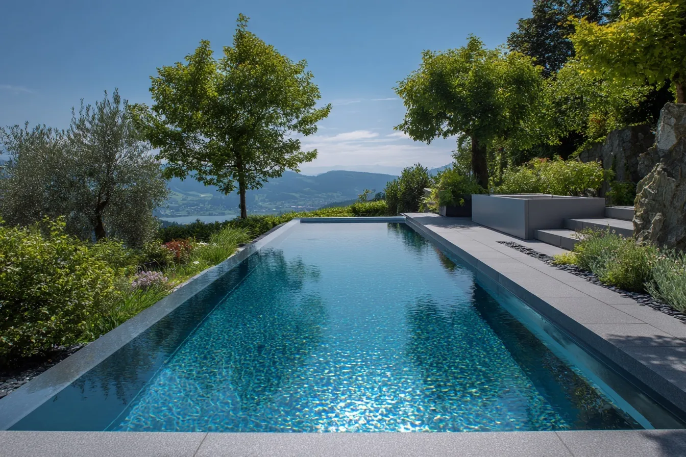 Luxury stainless steel infinity pool overlooking Swiss mountains, modern 2026 architectural design.
