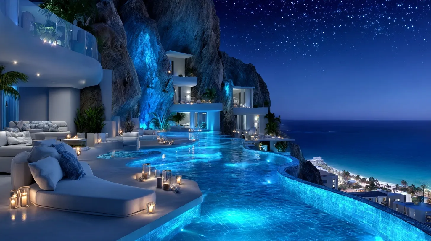 Luxury cliffside infinity pool at night with glowing blue water, candles, and a starry ocean view.