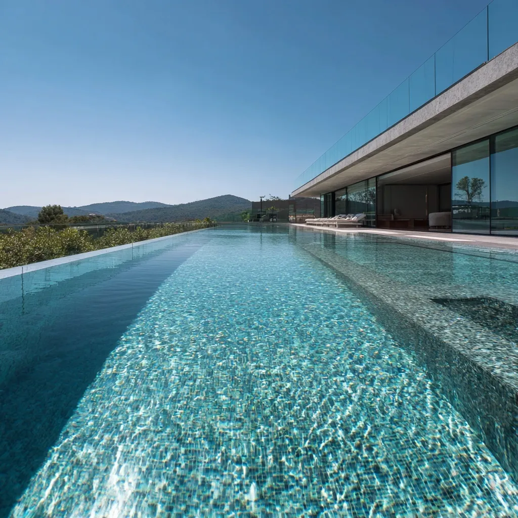 Luxury infinity pool featuring a sleek glass safety railing overlooking a modern architectural landscape.