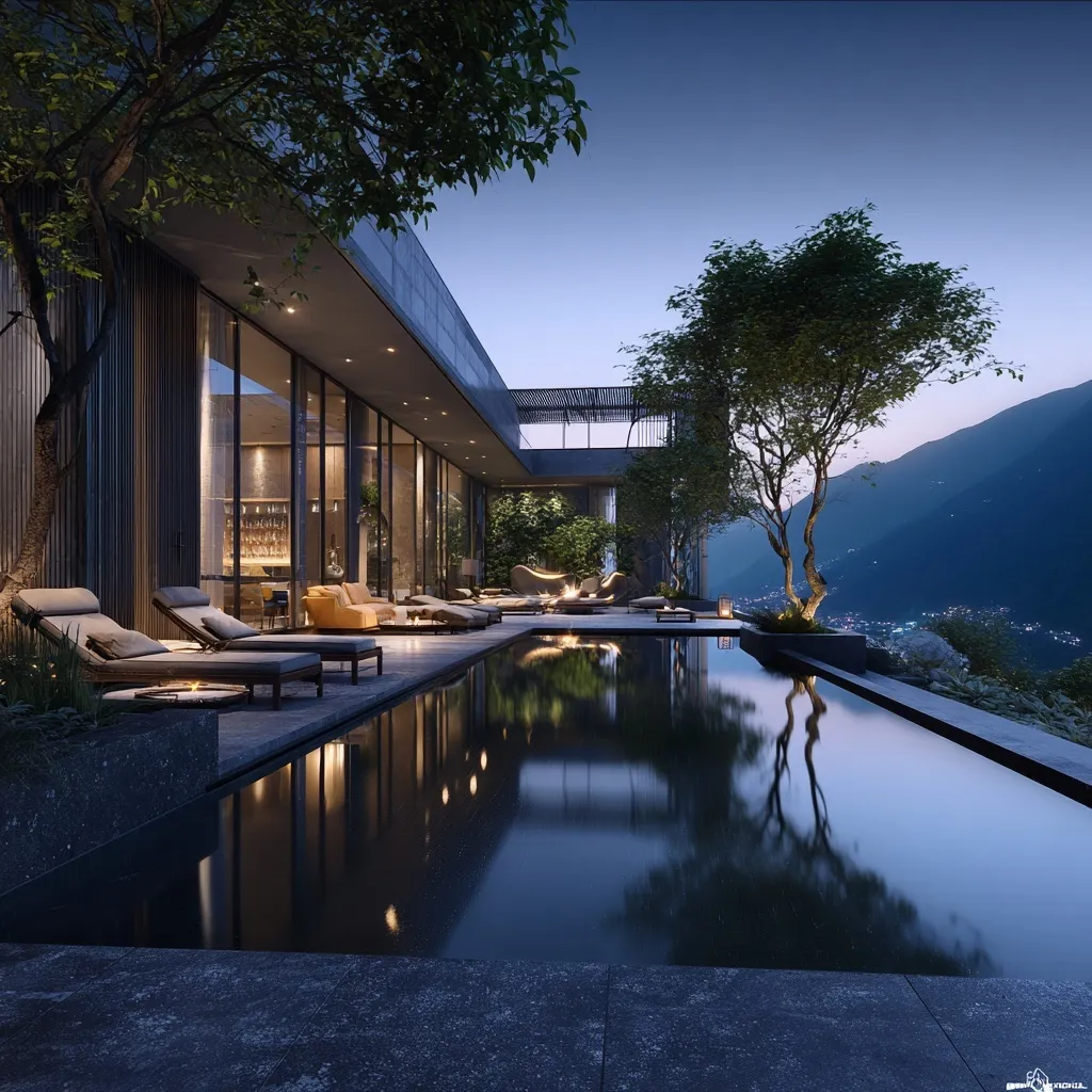 Luxury infinity pool overlooking a lush tropical forest with sun-drenched architectural design and palm trees.
