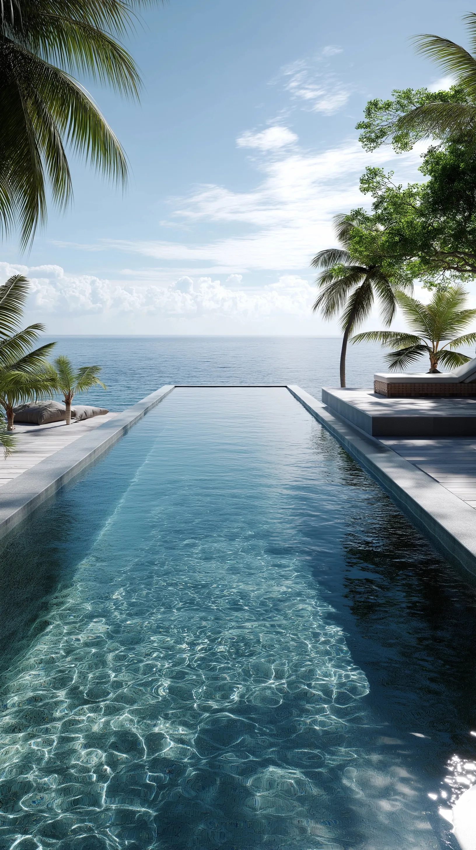 A model viewed from behind relaxing in a luxury Caribbean infinity pool overlooking the turquoise ocean.