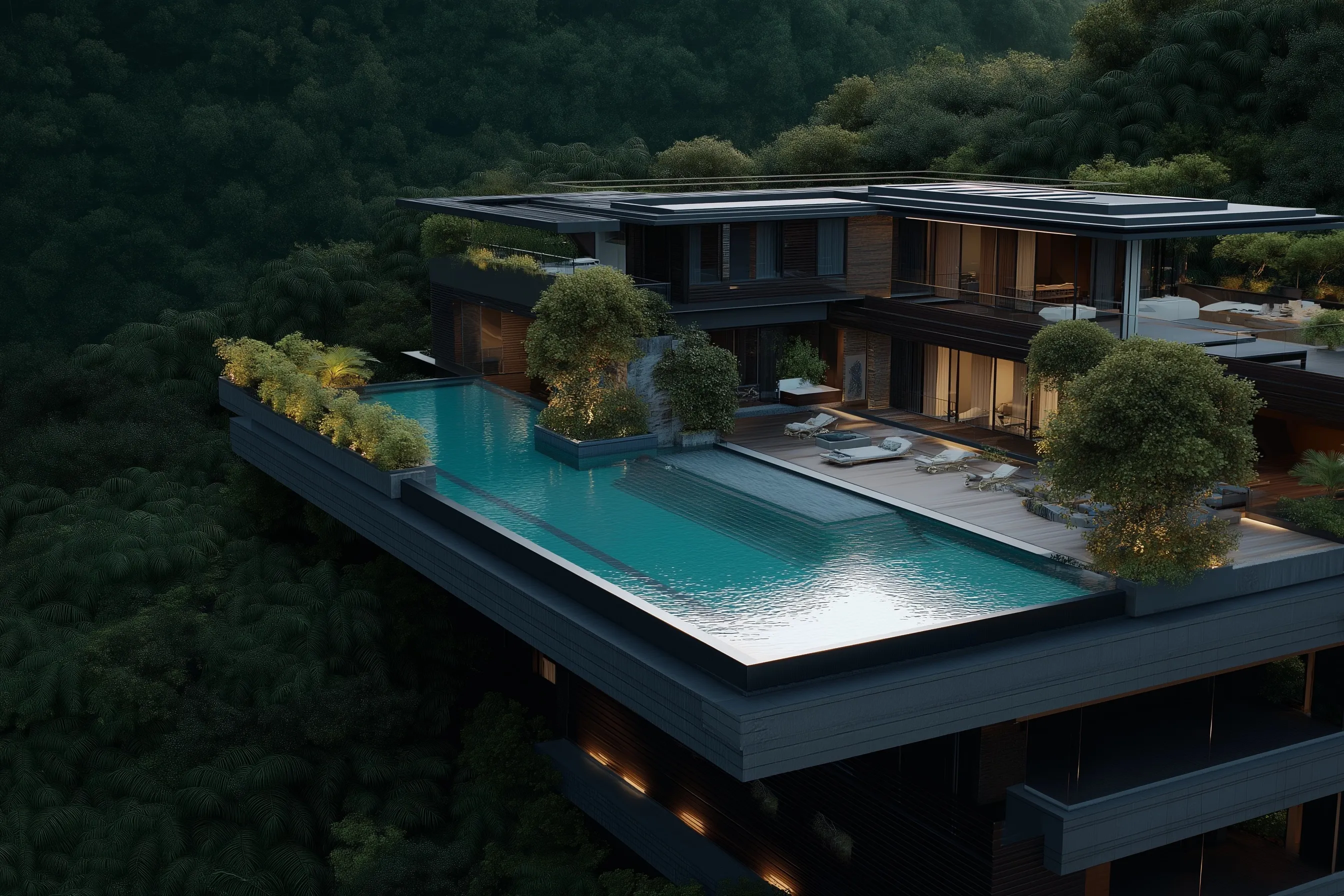 A luxury infinity pool with modern architectural design overlooking a scenic landscape view.