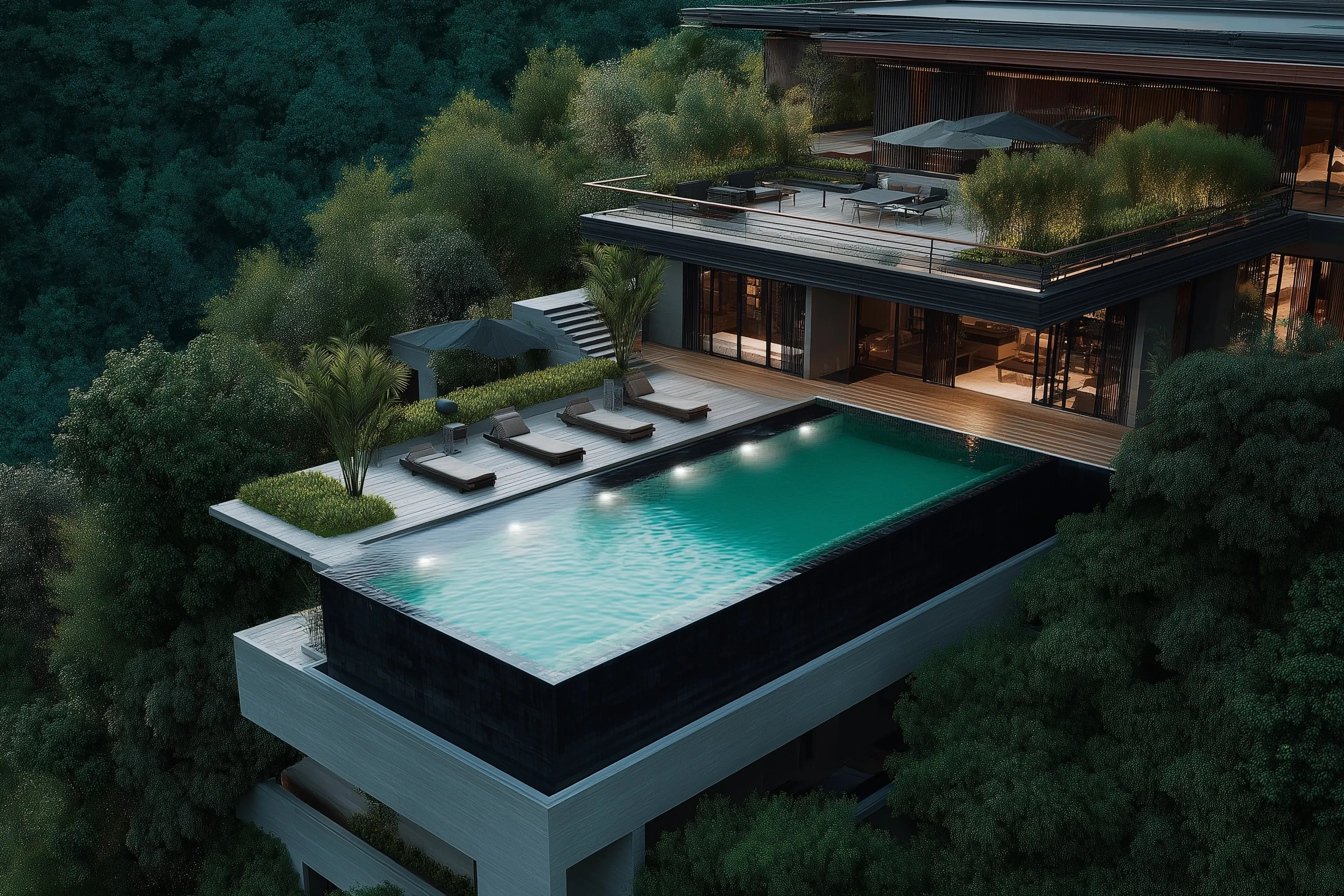 A stunning luxury infinity pool with architectural design overlooking a scenic horizon at sunset.
