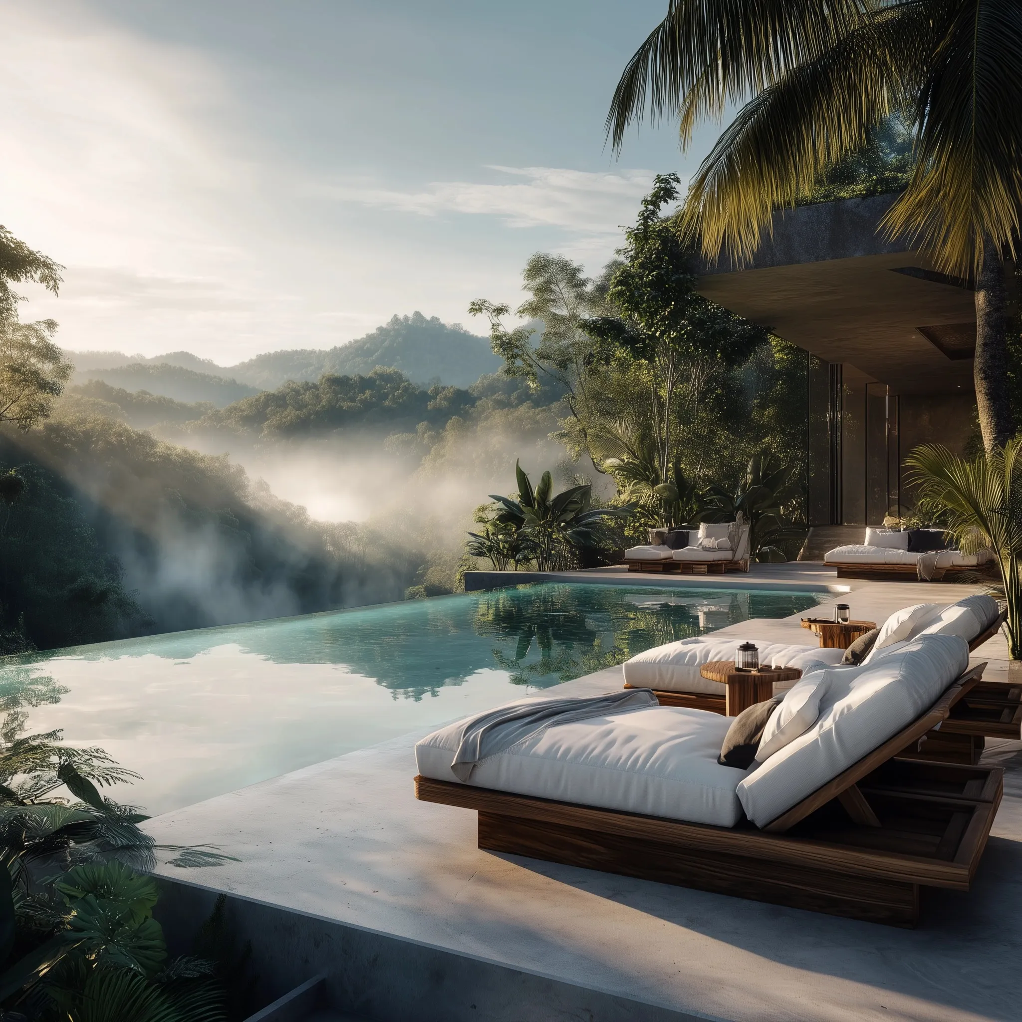 Luxury infinity pool at a Thailand tropical mansion overlooking a misty jungle valley at sunrise.