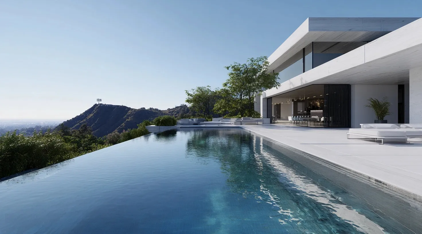Modern white mansion with a luxury infinity pool overlooking the Hollywood Hills, 3D architectural visualization.