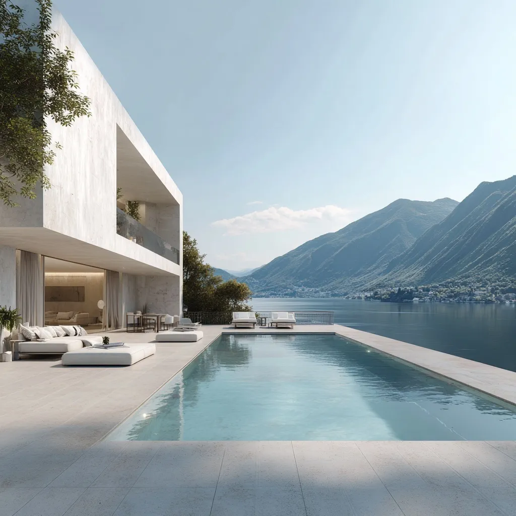 Luxury infinity pool at a minimalist Lake Como summer villa with white and adobe architecture and panoramic views.