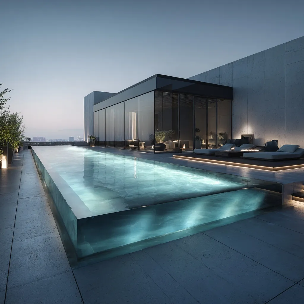 Rooftop infinity pool with glass edges and minimalist luxury architecture design on a modern building terrace.