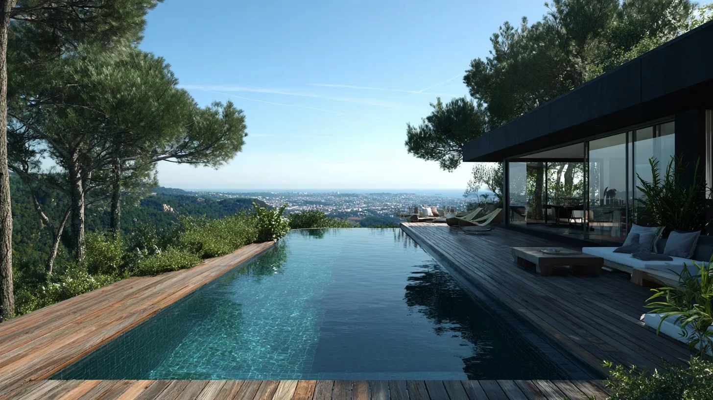 Modern black villa in Antibes, France, featuring a T-shaped infinity pool and wooden deck on a sunny day.