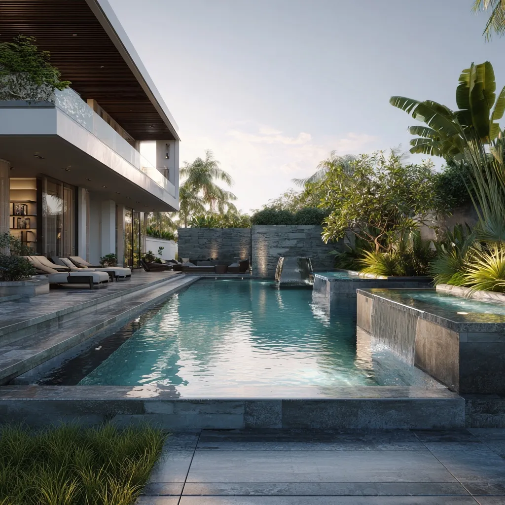 Luxury infinity pool with stone deck and tropical landscaping during golden hour at a modern villa.
