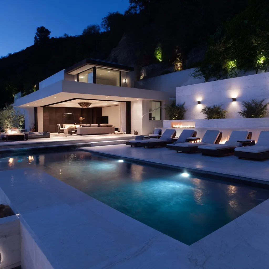 Modern luxury infinity pool at a hillside Los Angeles home featuring marble accents and ambient evening lighting.
