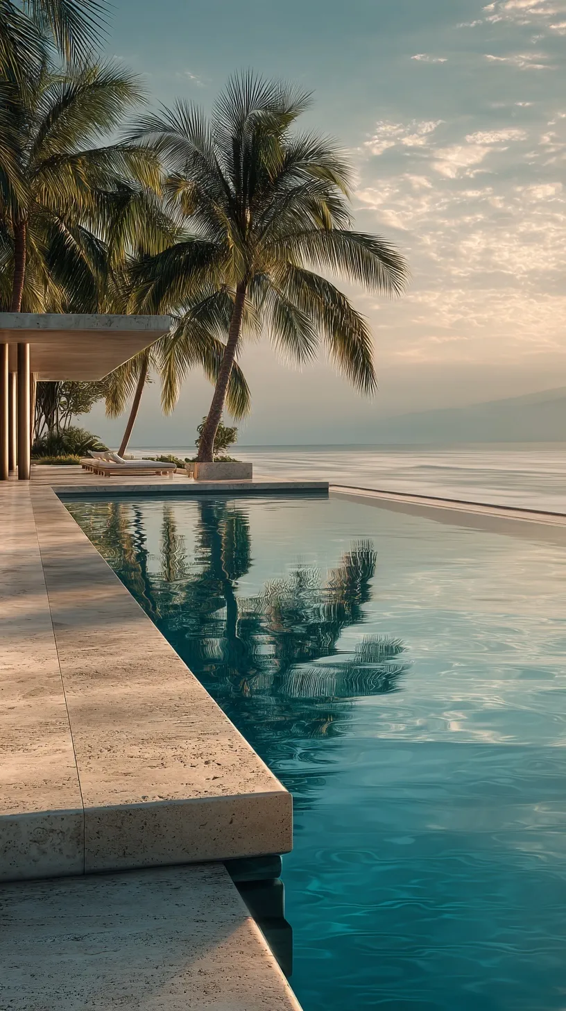 Luxury infinity pool with travertine ledge, tropical foliage, and golden-hour reflections in a resort setting.