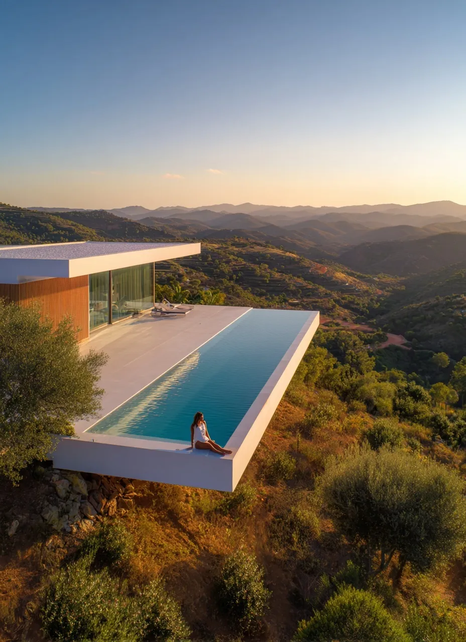 Luxury modern house with infinity pool overlooking Algarve hills at sunset, woman relaxing by swimming lanes.